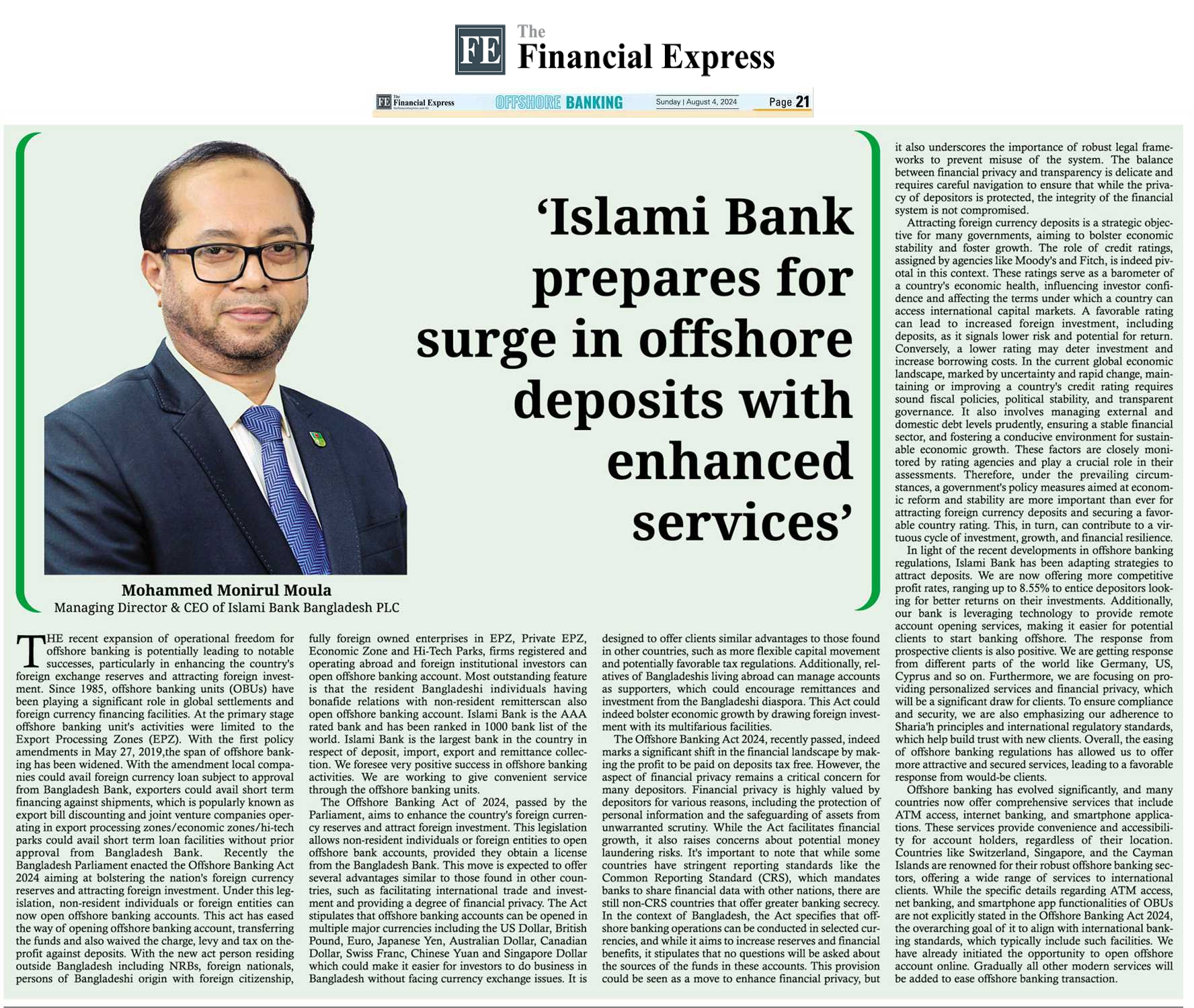 Islami Bank prepares for surge in offshore deposits with enhanced services
